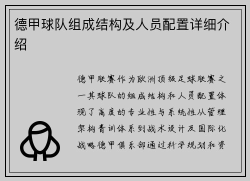 德甲球队组成结构及人员配置详细介绍
