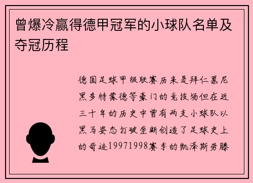 曾爆冷赢得德甲冠军的小球队名单及夺冠历程